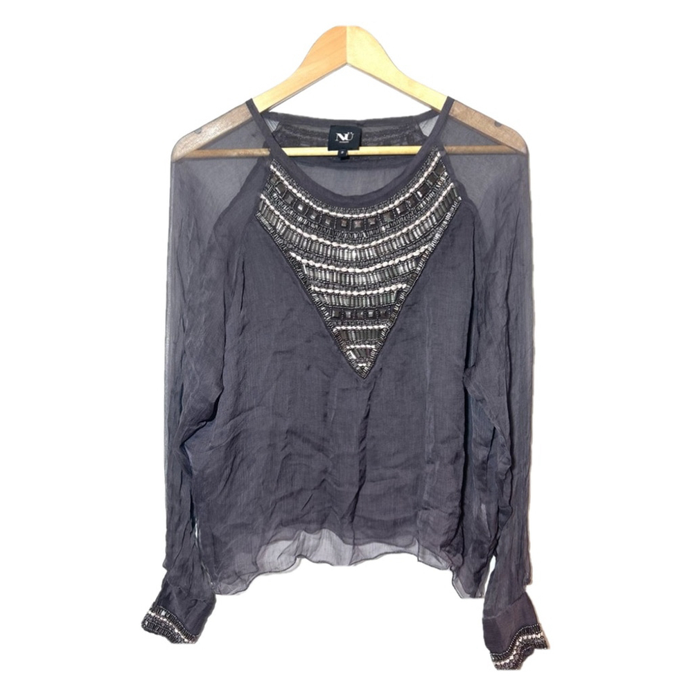 nu denmark silk beaded top long sleeve blouse small